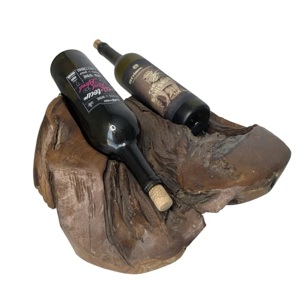 Natural Hand Carved Root Wood Wine Bottle Holders Live Edge Bottle Stand